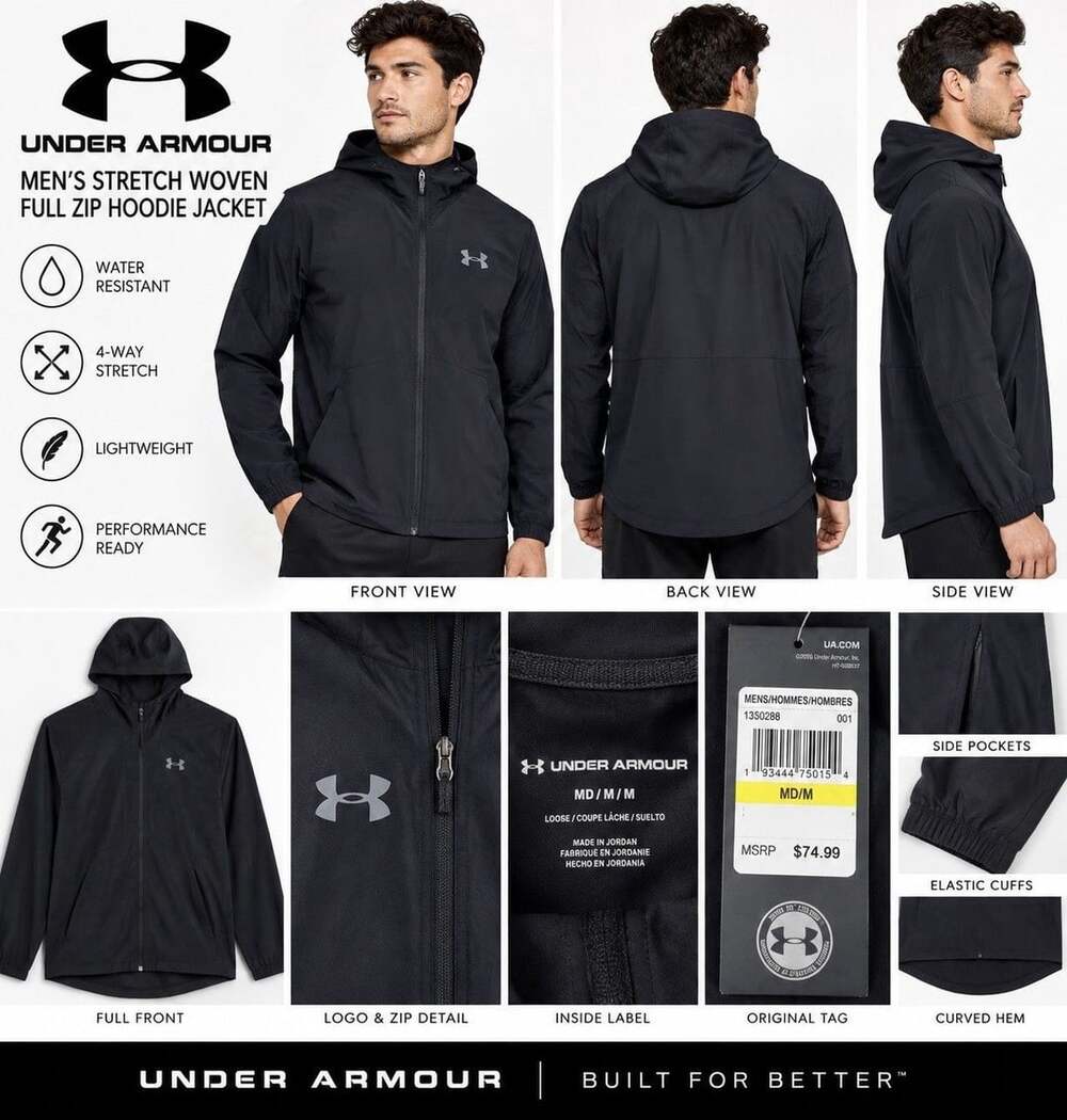 New Under Armour Black Rain Jacket Wind Breaker Men's US Size M